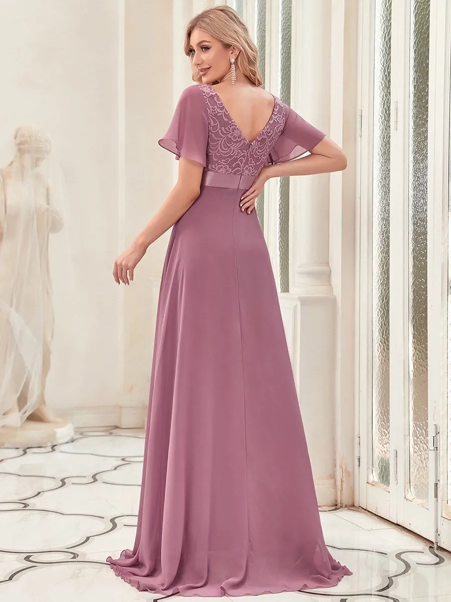 Flutter Sleeve Lace Empire Waist Evening Dress