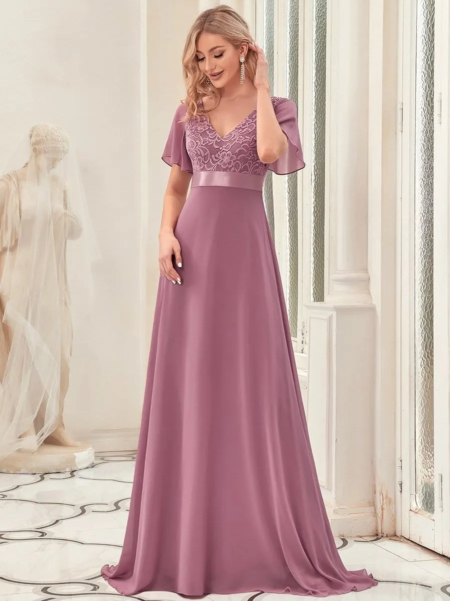 Flutter Sleeve Lace Empire Waist Evening Dress