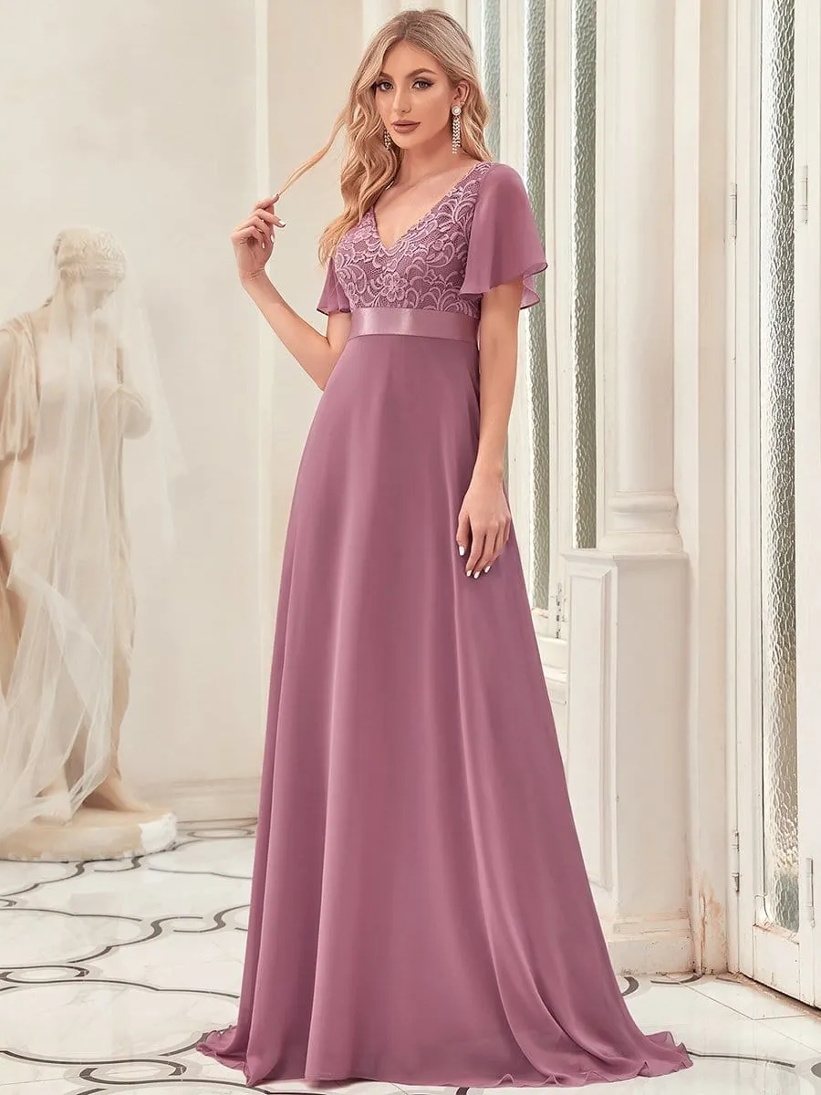 Flutter Sleeve Lace Empire Waist Evening Dress