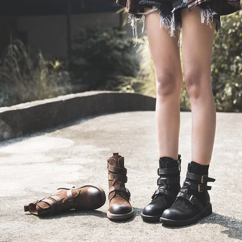 Full Grain Leather Combat Boots Designer Retro Chunky Buckle Boots Coffee/Black