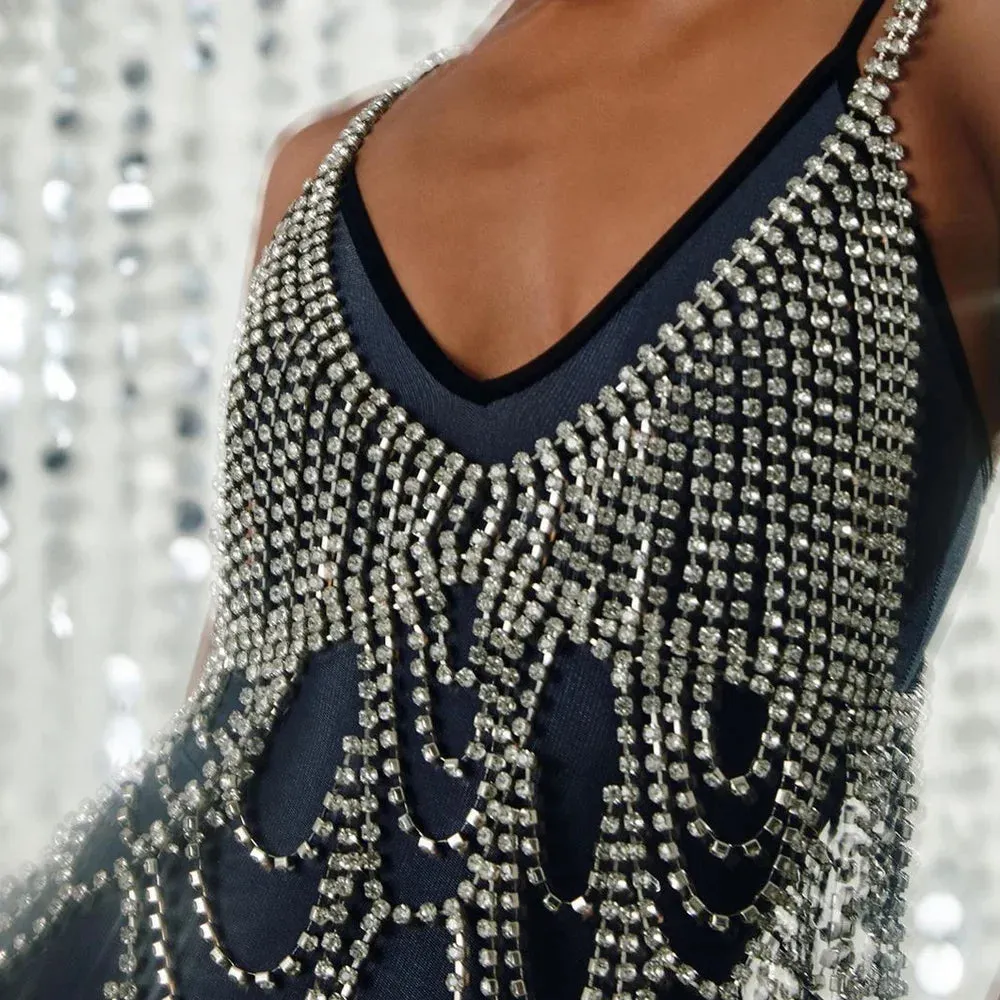 Gatsby Rhinestone Tassel Body Chain Jewellery Mini Dress