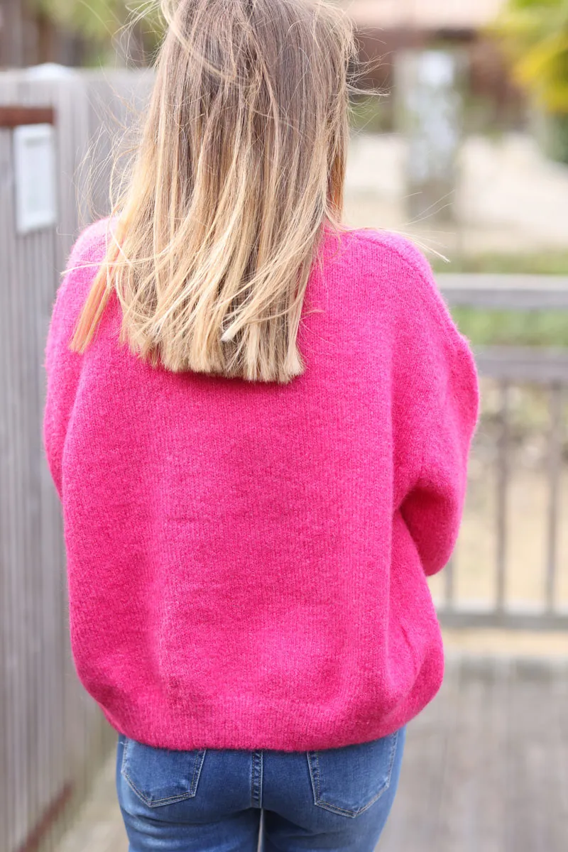 Gilet douillet fuchsia en maille col rond boutons nacrés