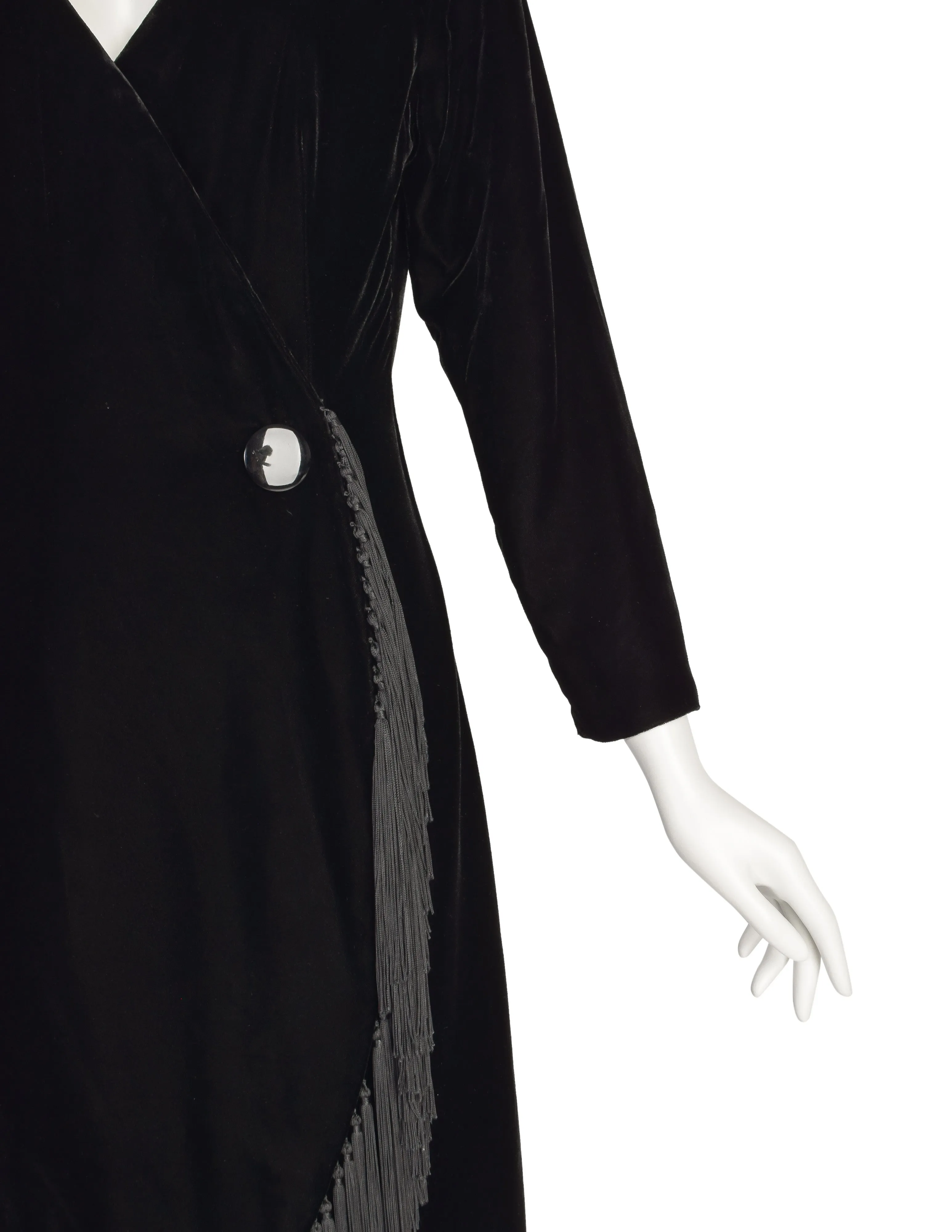 Givenchy Vintage Black Silk Velvet Tassel Fringe Wrap Dress