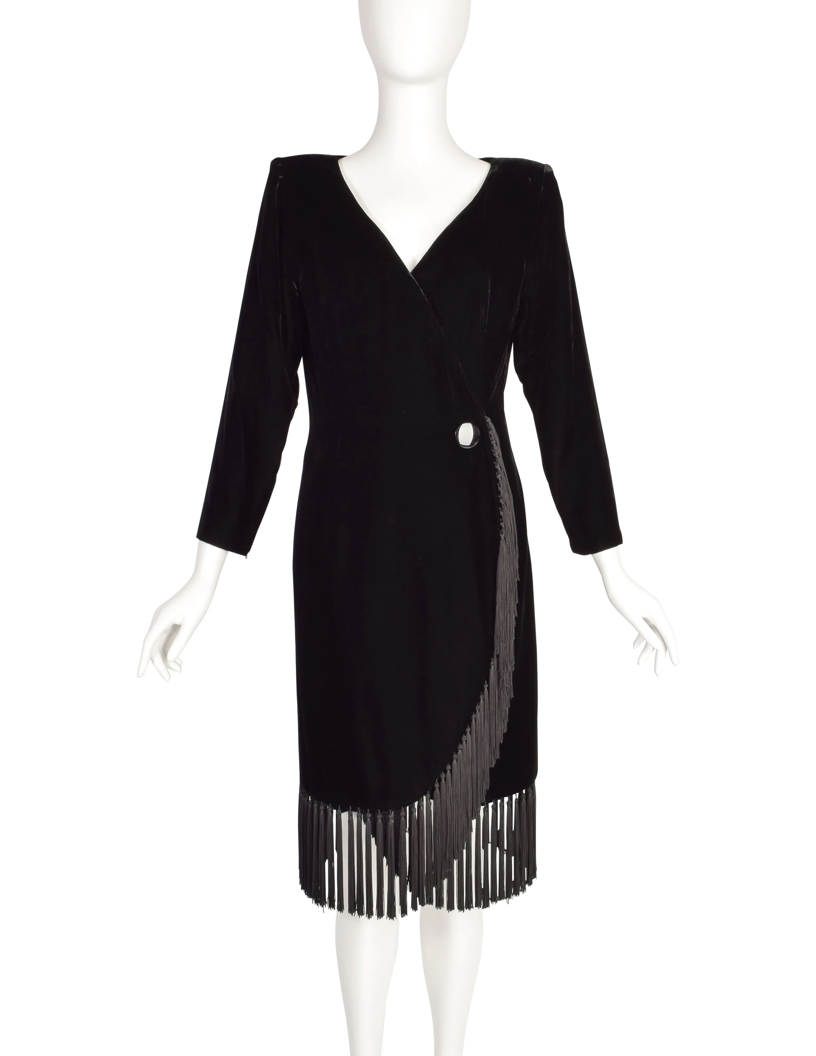 Givenchy Vintage Black Silk Velvet Tassel Fringe Wrap Dress