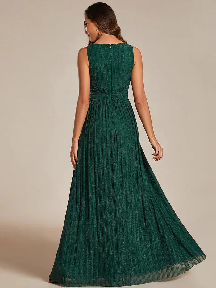 Glittery Pleated Empire Waist Sleeveless Formal Evening Dress