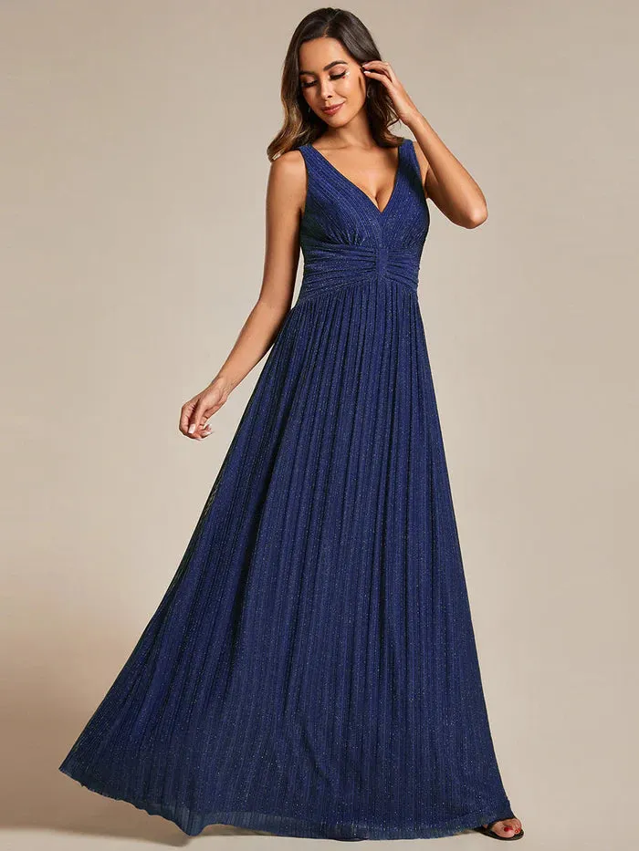 Glittery Pleated Empire Waist Sleeveless Formal Evening Dress