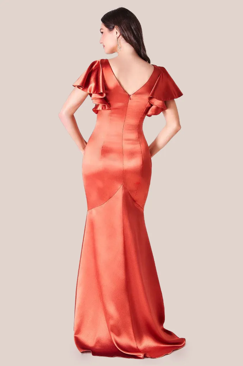 Goddiva Satin Flutter Sleeve Mermaid Maxi - Burntorange