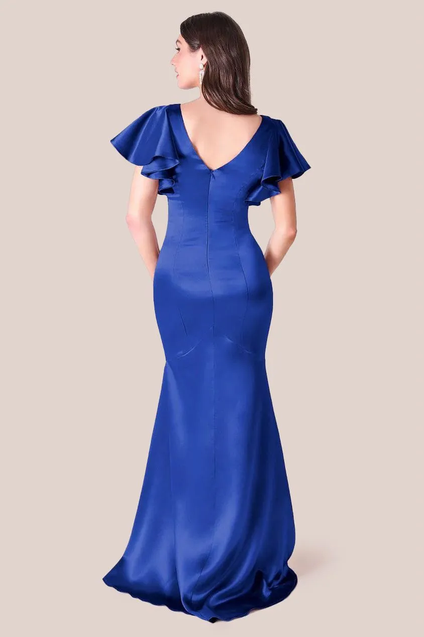 Goddiva Satin Flutter Sleeve Mermaid Maxi - Navy