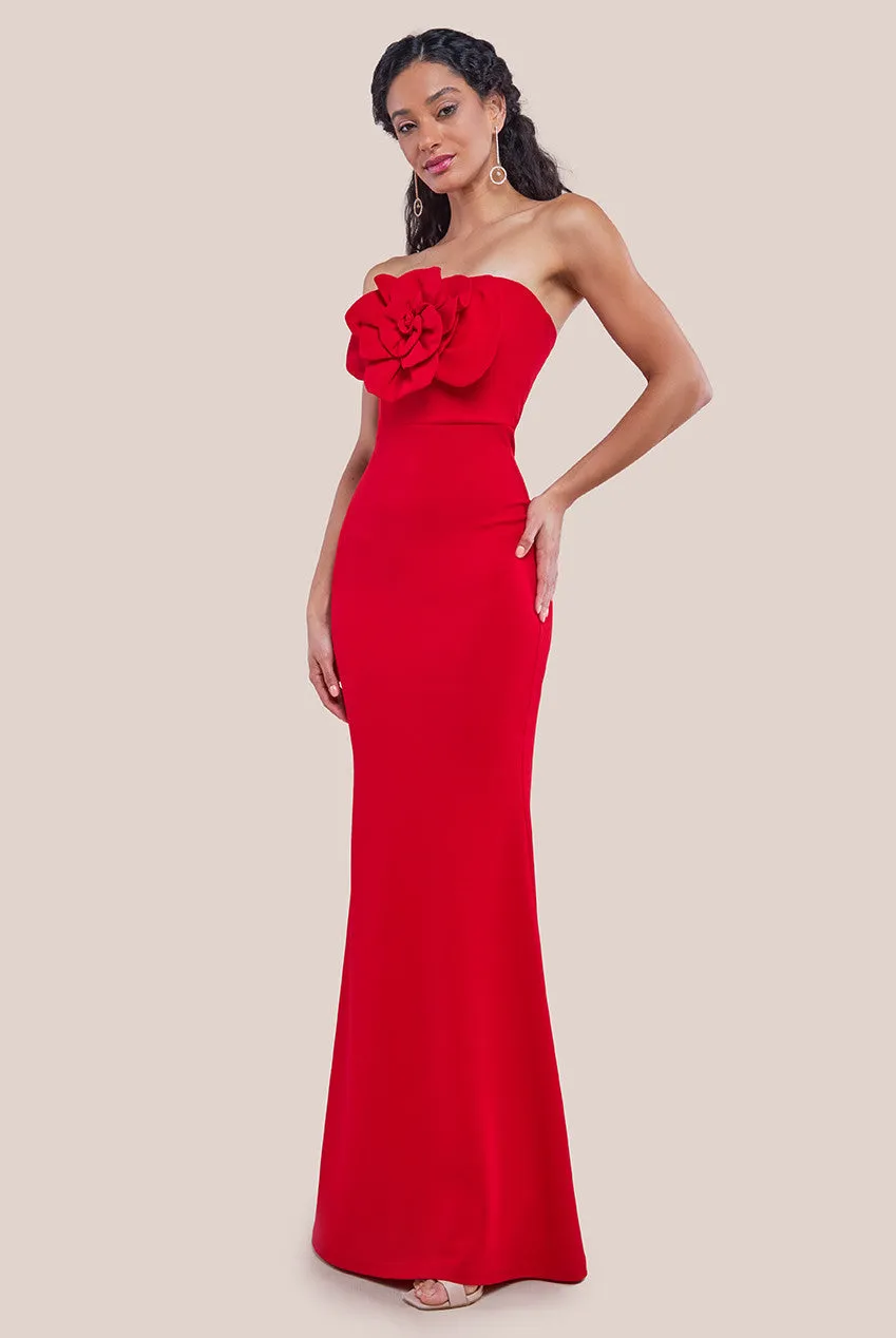 Goddiva Scuba Crepe Bandeau Rose Maxi Dress - Red