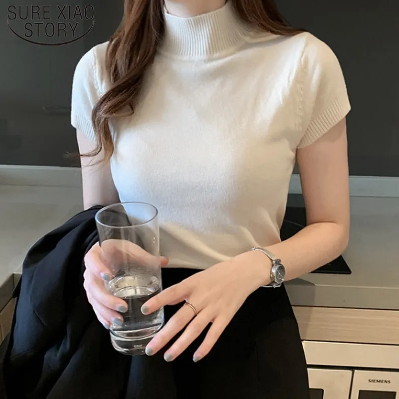 Graduation Gifts  Korean Knitted Women Top Blusas Mujer De Moda 2022 Casual Women Clothing  Summer Solid Slim Turtleneck Blouse Blusas 8622 50