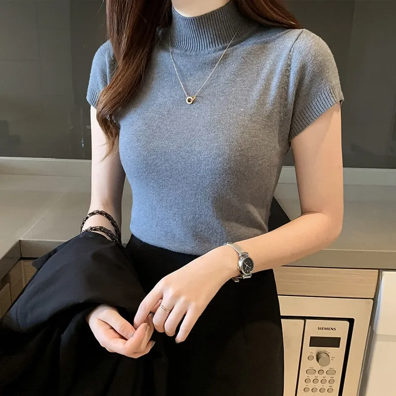 Graduation Gifts  Korean Knitted Women Top Blusas Mujer De Moda 2022 Casual Women Clothing  Summer Solid Slim Turtleneck Blouse Blusas 8622 50