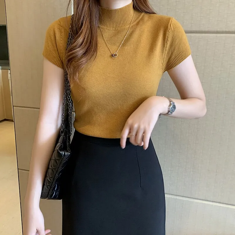 Graduation Gifts  Korean Knitted Women Top Blusas Mujer De Moda 2022 Casual Women Clothing  Summer Solid Slim Turtleneck Blouse Blusas 8622 50