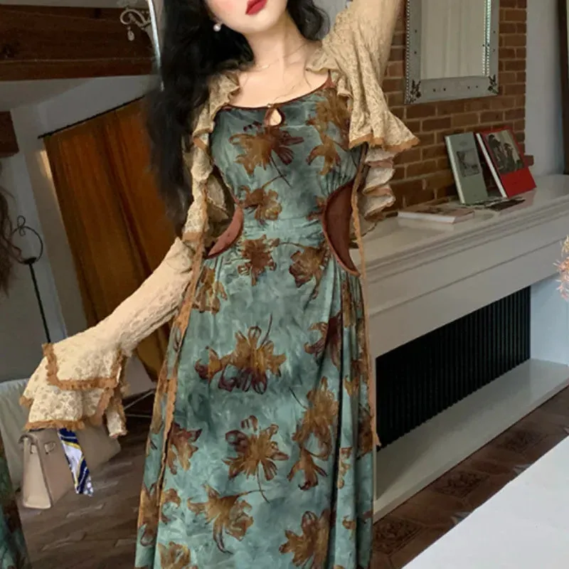 Green Halter Autumn French Retro Waist Slimming Brown Clothing SlimFit Floral Dress