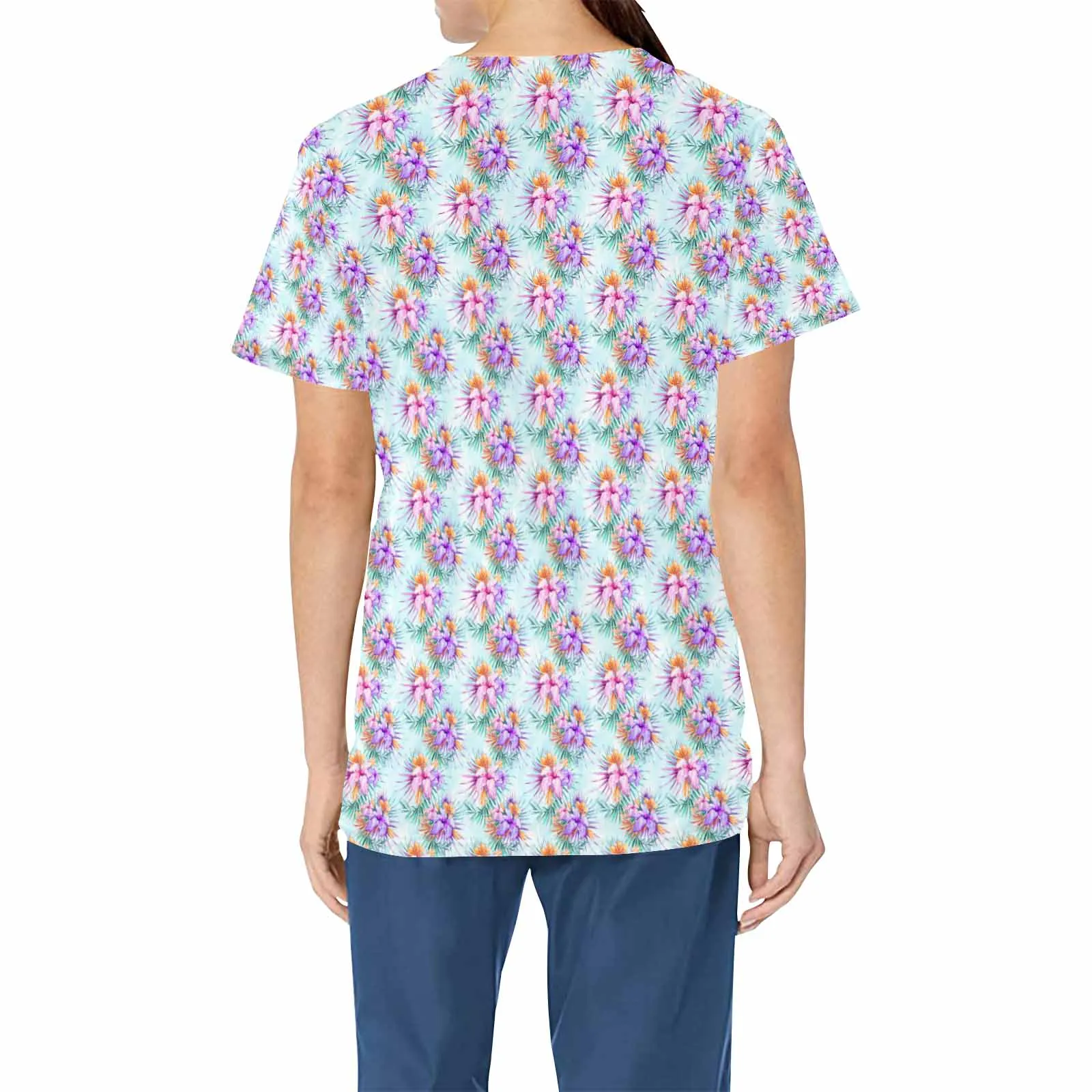 Green Hibiscus   Women's V Neck Scrub Top Nurse Uniform with Deep Front Pockets