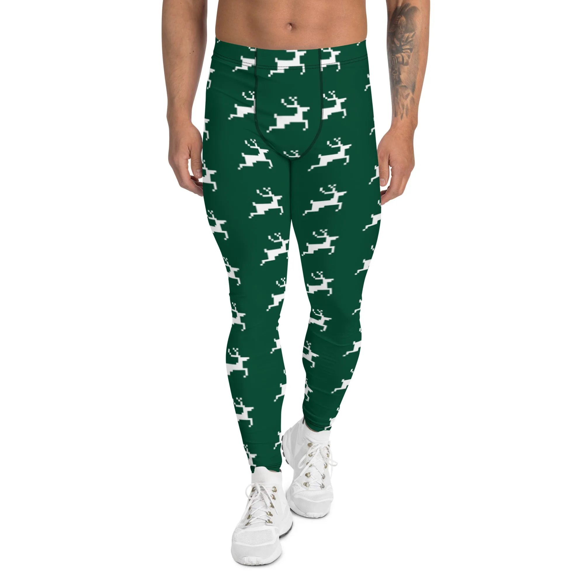 Green Reindeer Christmas Men's Leggings, Best Green Xmas Designer Men's Leggings-Made in USA/MX/EU