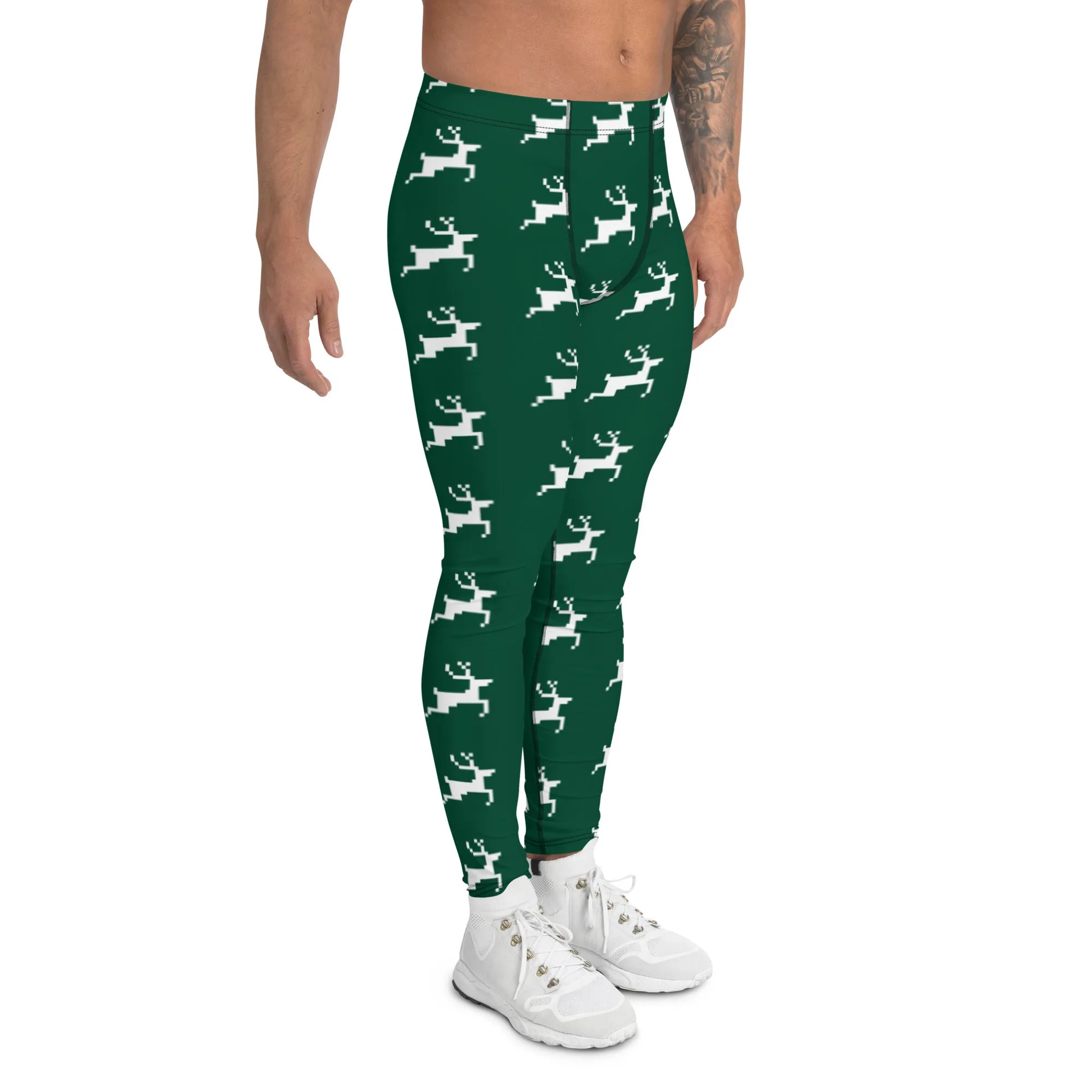 Green Reindeer Christmas Men's Leggings, Best Green Xmas Designer Men's Leggings-Made in USA/MX/EU