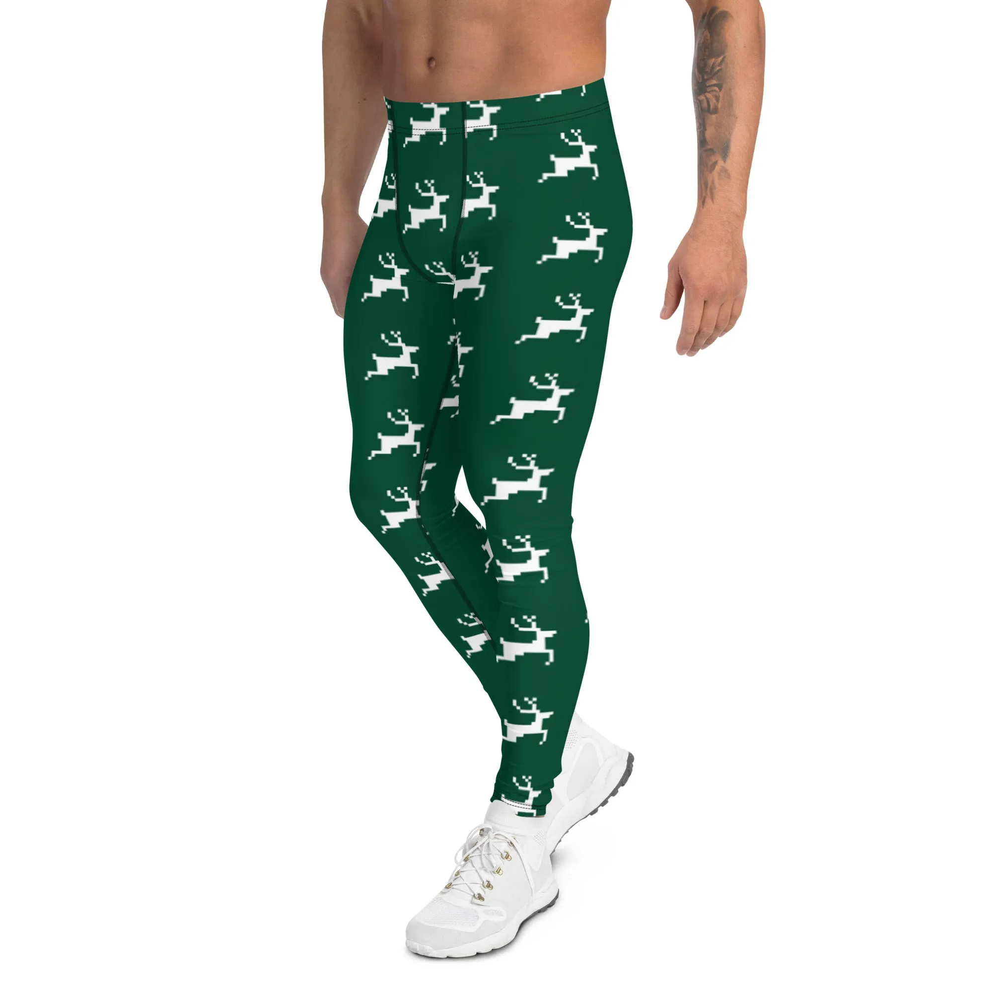 Green Reindeer Christmas Men's Leggings, Best Green Xmas Designer Men's Leggings-Made in USA/MX/EU