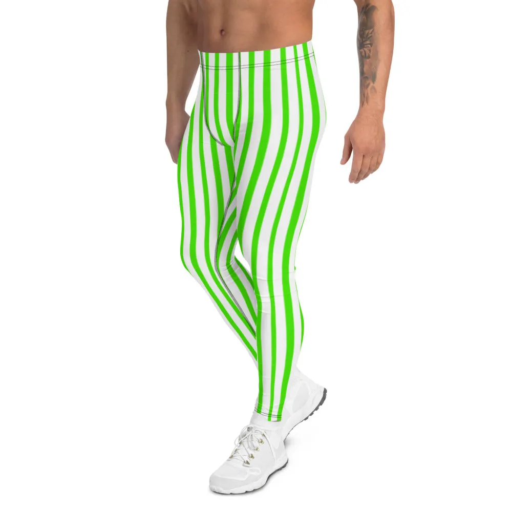 Green Striped Men's Leggings, White Green Vertical Stripes Circus Meggings-Made in USA/EU/MX