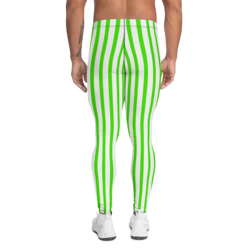 Green Striped Men's Leggings, White Green Vertical Stripes Circus Meggings-Made in USA/EU/MX