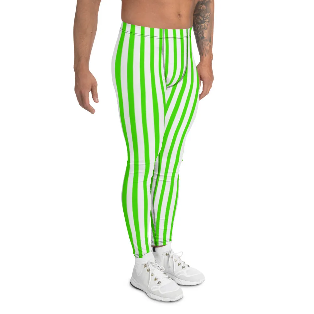 Green Striped Men's Leggings, White Green Vertical Stripes Circus Meggings-Made in USA/EU/MX