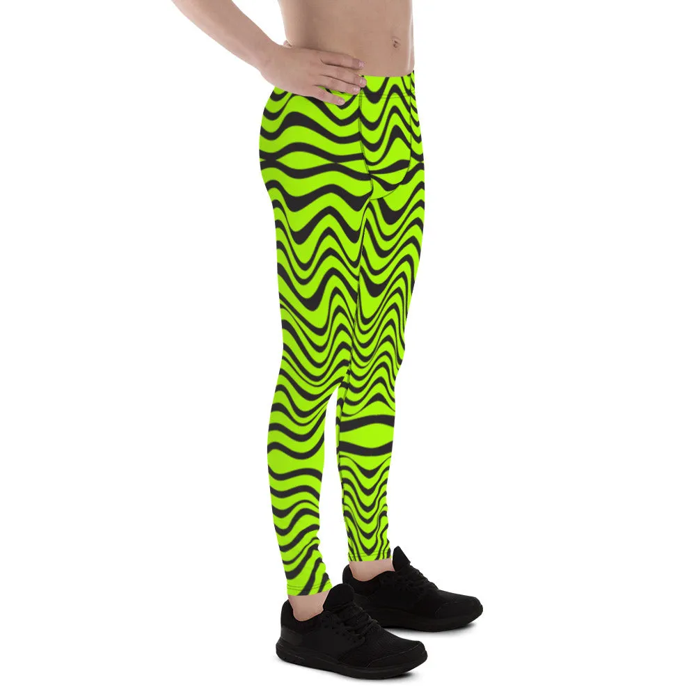 Green Wavy Print Men's Leggings, Abstract Print Neon Color Meggings For Men-Made in USA/EU/MX