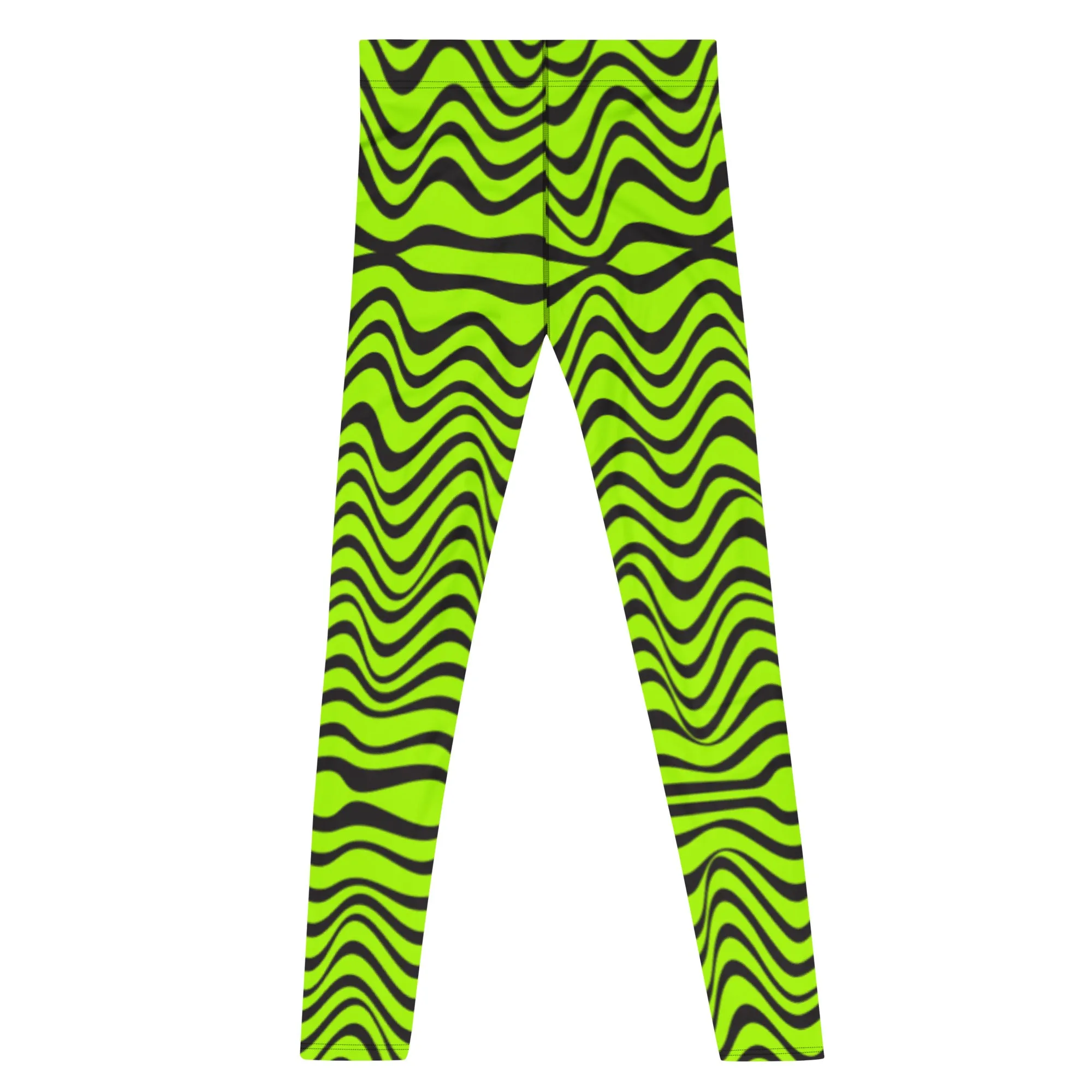 Green Wavy Print Men's Leggings, Abstract Print Neon Color Meggings For Men-Made in USA/EU/MX