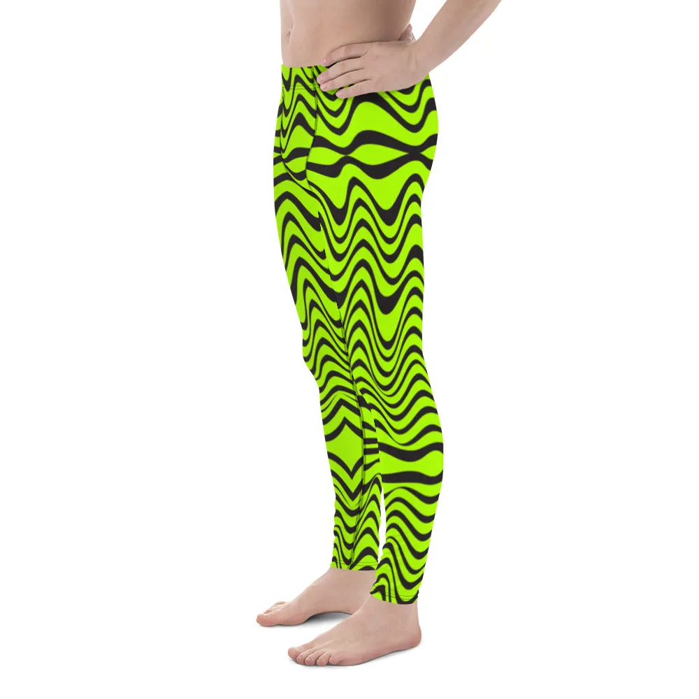 Green Wavy Print Men's Leggings, Abstract Print Neon Color Meggings For Men-Made in USA/EU/MX