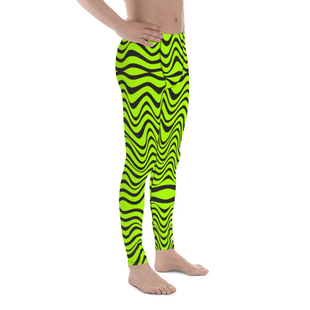 Green Wavy Print Men's Leggings, Abstract Print Neon Color Meggings For Men-Made in USA/EU/MX