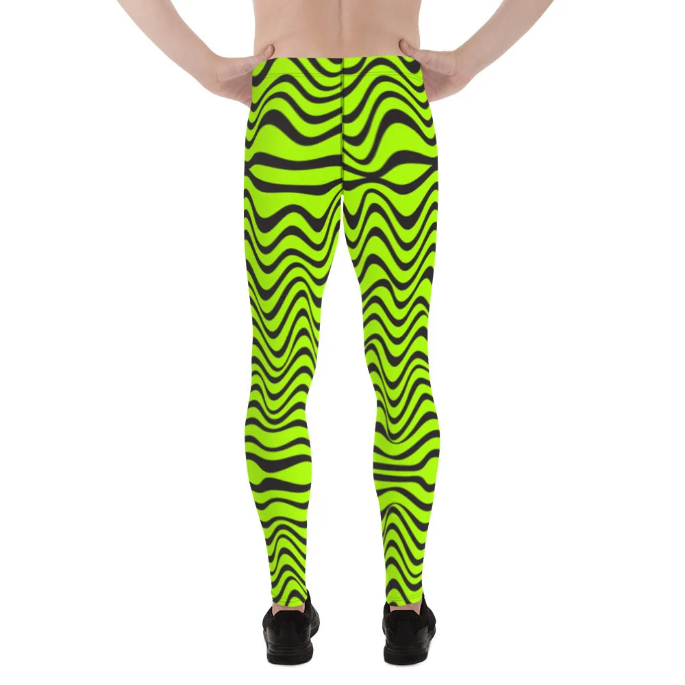 Green Wavy Print Men's Leggings, Abstract Print Neon Color Meggings For Men-Made in USA/EU/MX