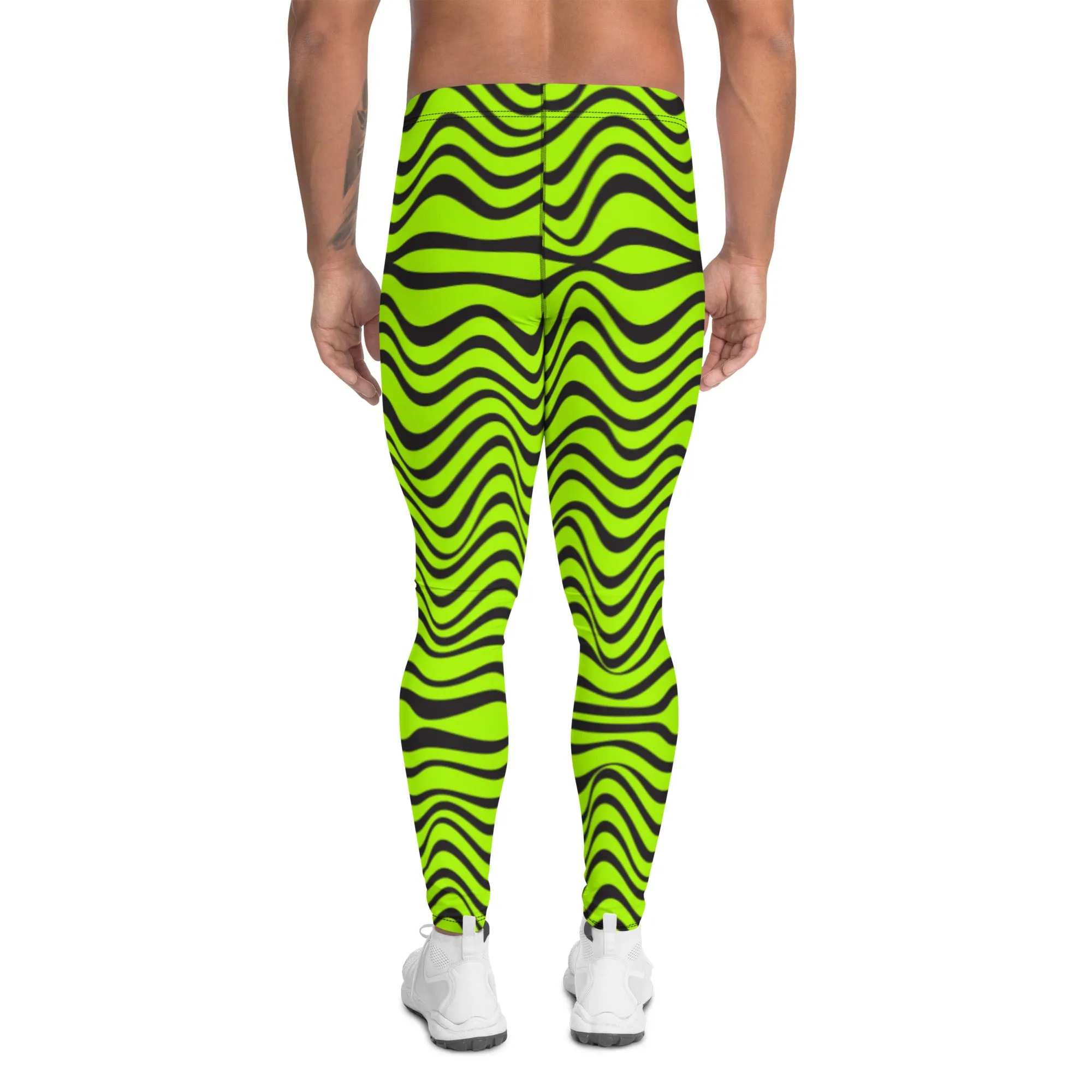 Green Wavy Print Men's Leggings, Abstract Print Neon Color Meggings For Men-Made in USA/EU/MX