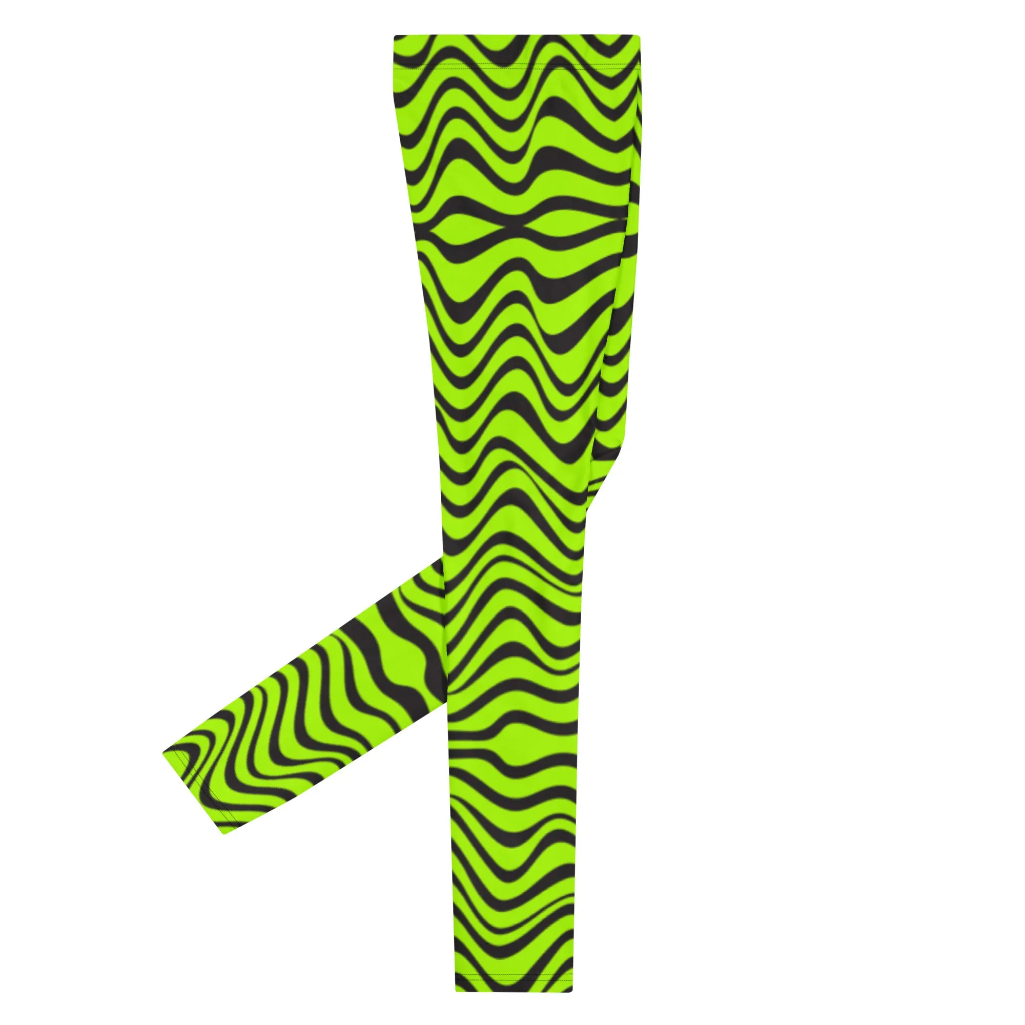 Green Wavy Print Men's Leggings, Abstract Print Neon Color Meggings For Men-Made in USA/EU/MX