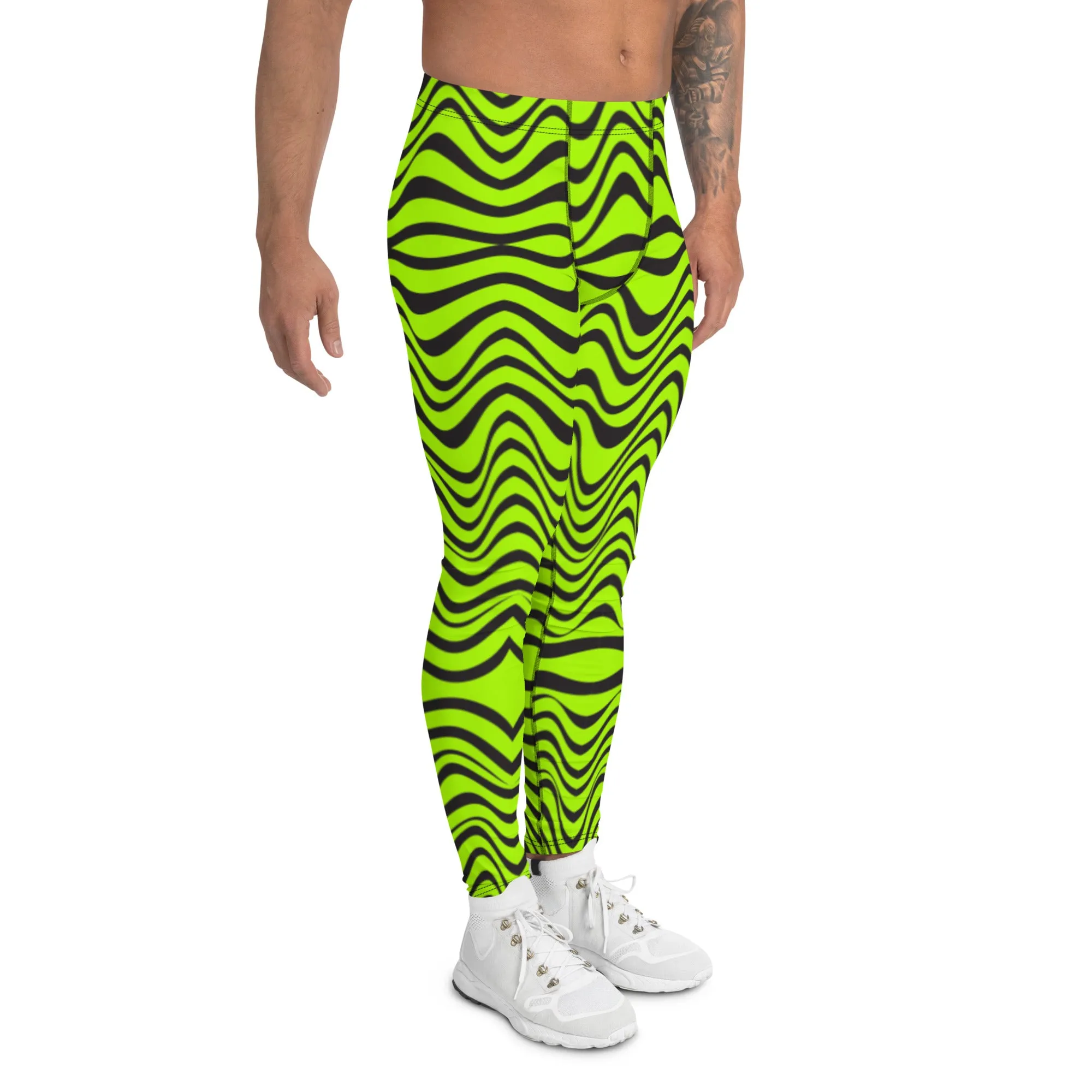 Green Wavy Print Men's Leggings, Abstract Print Neon Color Meggings For Men-Made in USA/EU/MX