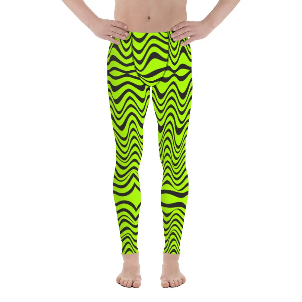 Green Wavy Print Men's Leggings, Abstract Print Neon Color Meggings For Men-Made in USA/EU/MX