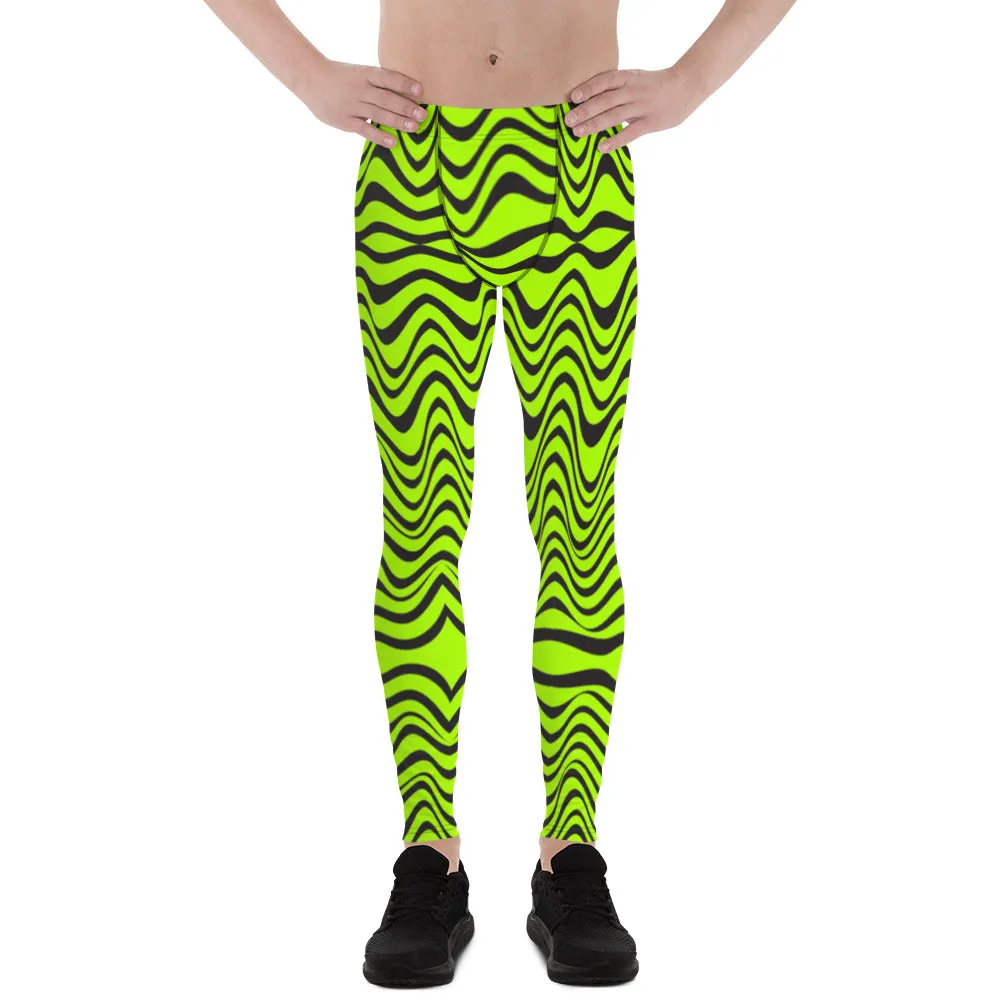 Green Wavy Print Men's Leggings, Abstract Print Neon Color Meggings For Men-Made in USA/EU/MX