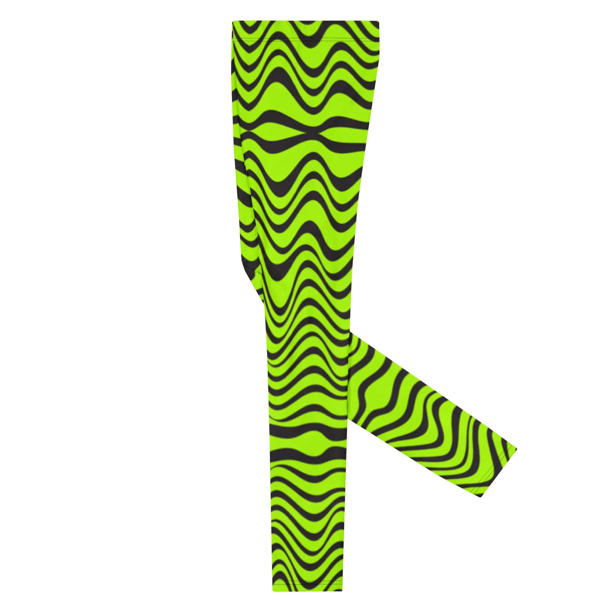 Green Wavy Print Men's Leggings, Abstract Print Neon Color Meggings For Men-Made in USA/EU/MX