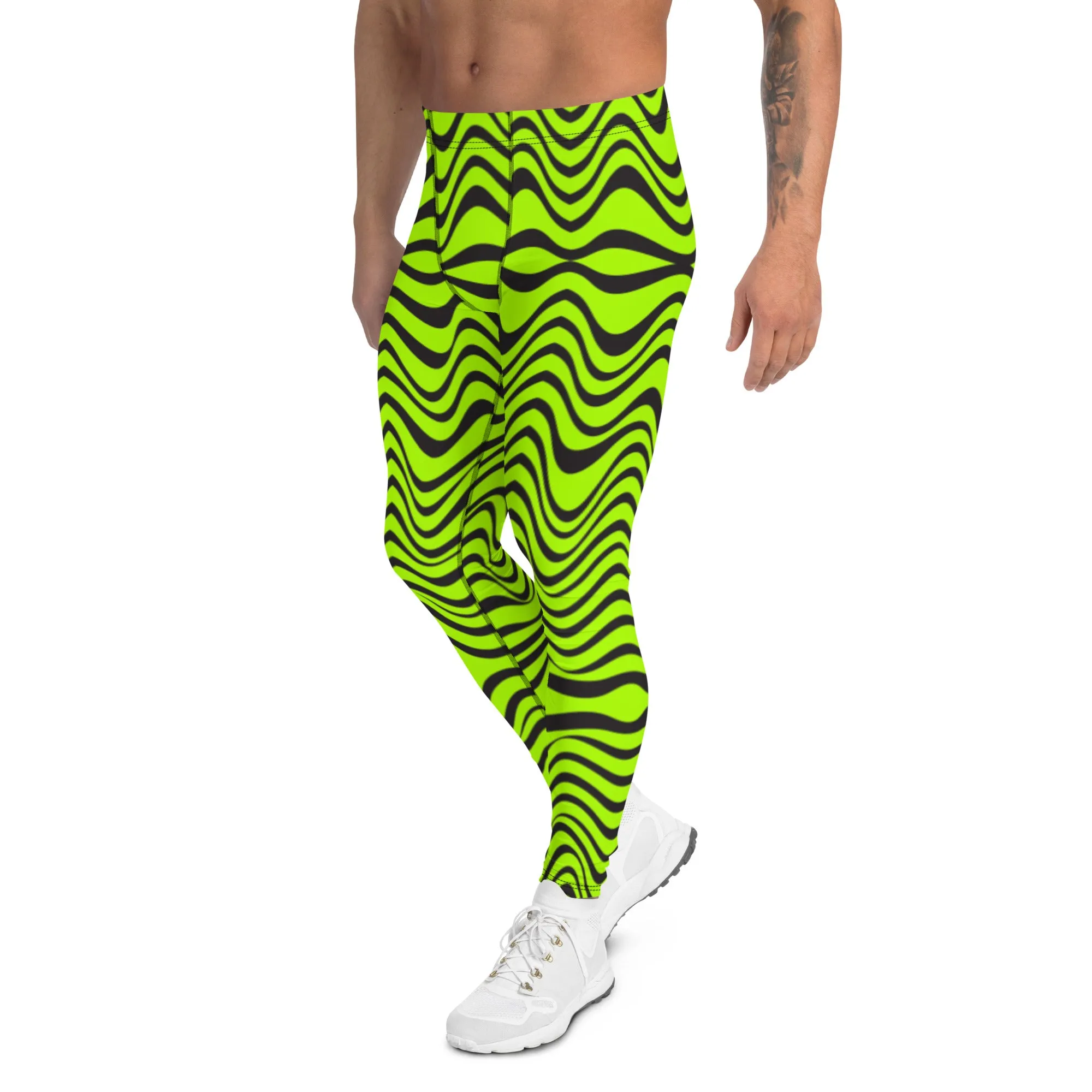 Green Wavy Print Men's Leggings, Abstract Print Neon Color Meggings For Men-Made in USA/EU/MX