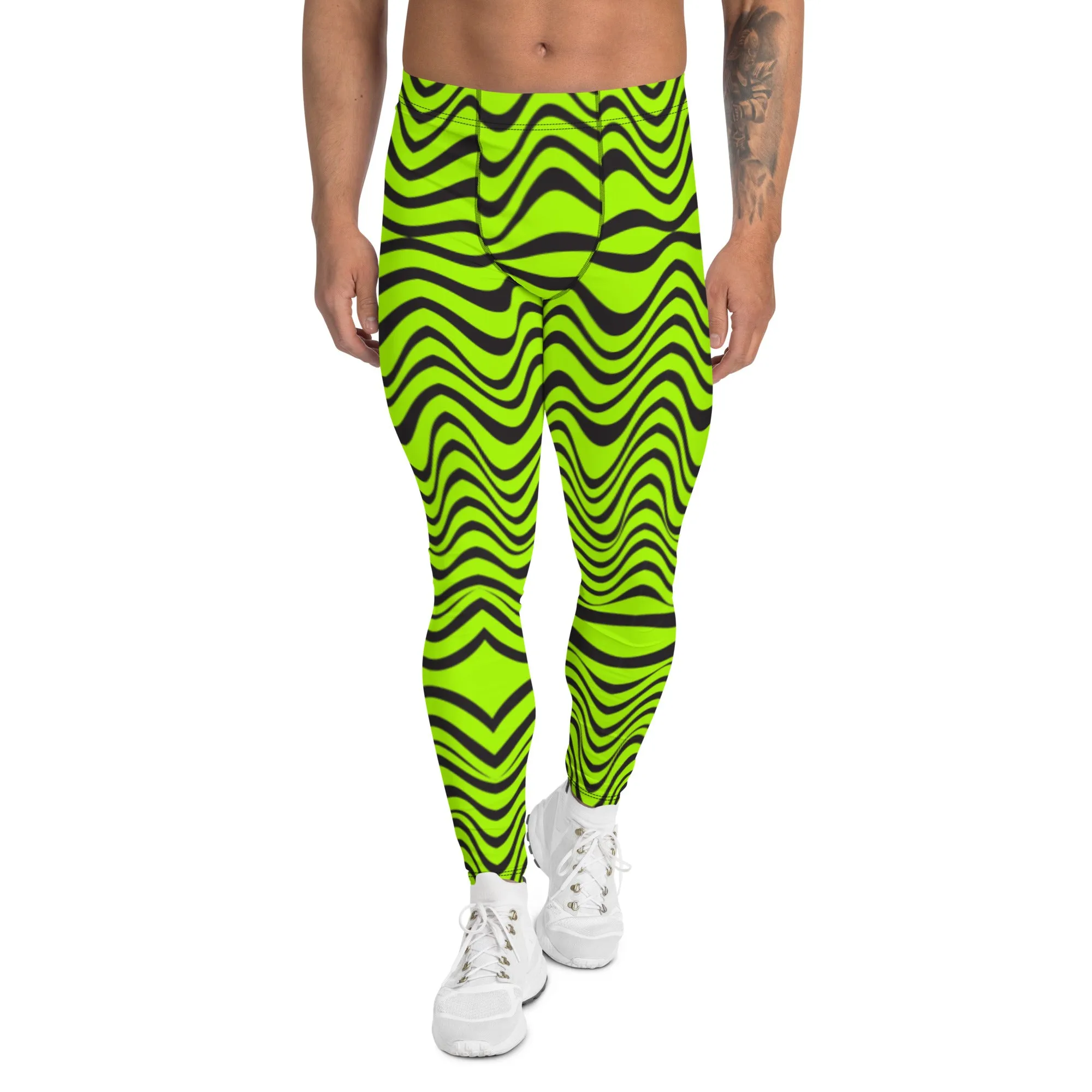 Green Wavy Print Men's Leggings, Abstract Print Neon Color Meggings For Men-Made in USA/EU/MX