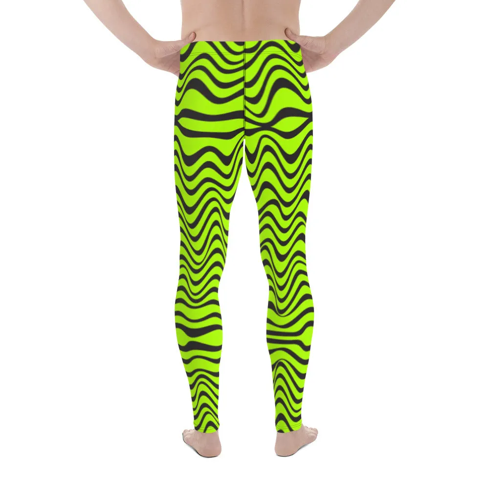 Green Wavy Print Men's Leggings, Abstract Print Neon Color Meggings For Men-Made in USA/EU/MX