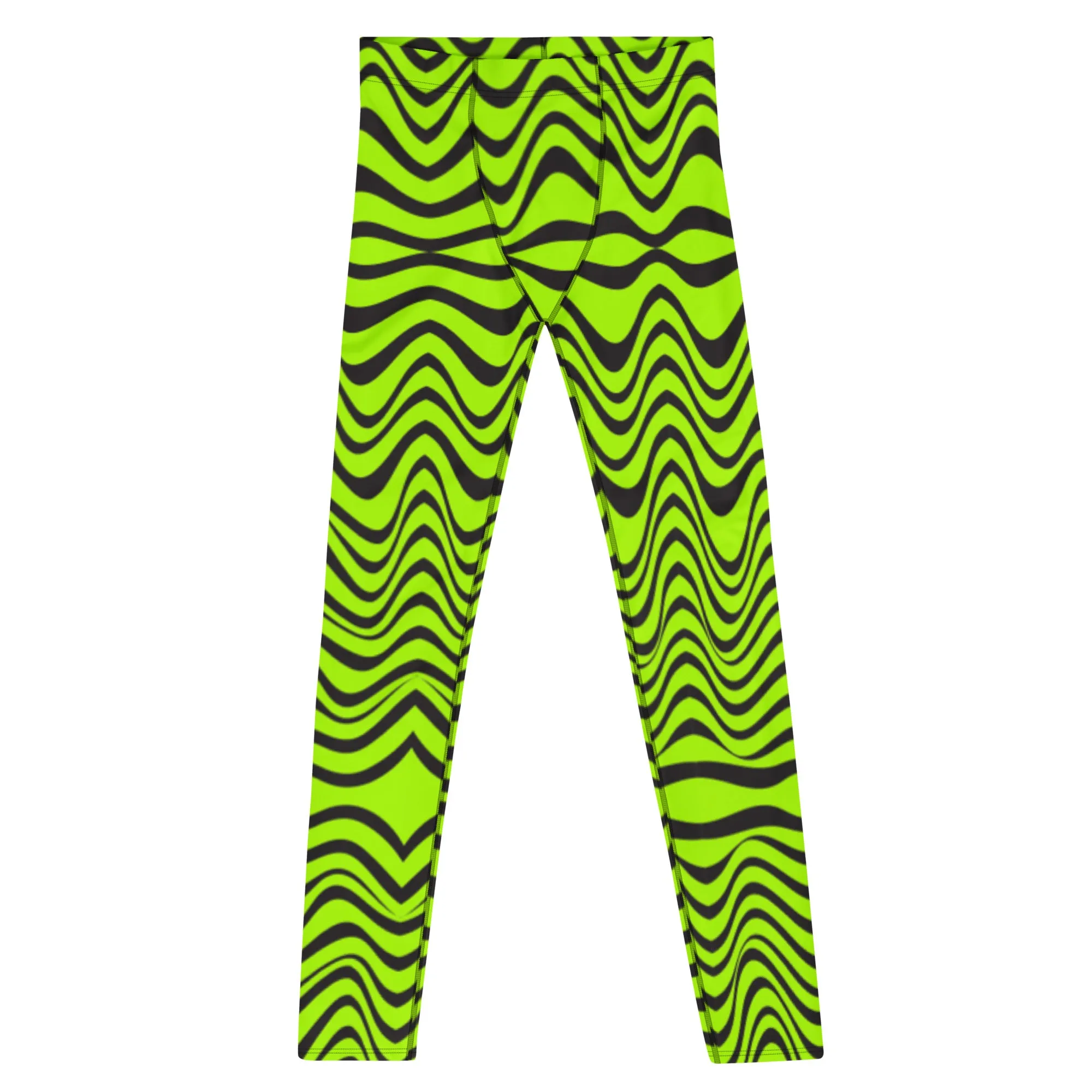 Green Wavy Print Men's Leggings, Abstract Print Neon Color Meggings For Men-Made in USA/EU/MX