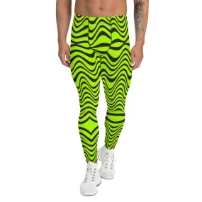 Green Wavy Print Men's Leggings, Abstract Print Neon Color Meggings For Men-Made in USA/EU/MX