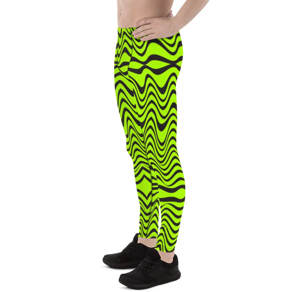 Green Wavy Print Men's Leggings, Abstract Print Neon Color Meggings For Men-Made in USA/EU/MX