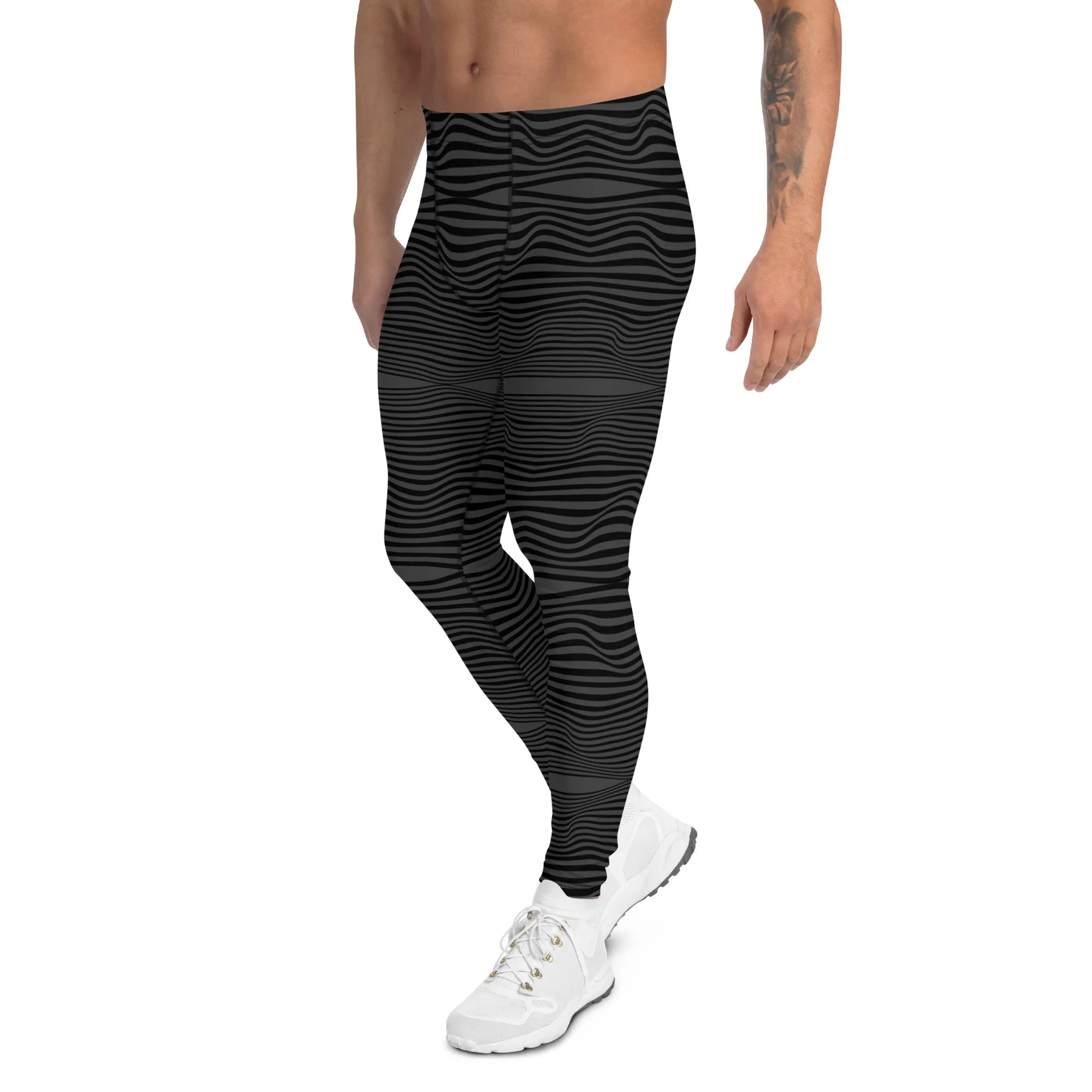 Grey Black Wavy Men's Leggings, Black Retro Style Wavy Designer Men's Compression Sports Tights - Made in USA/EU/MX