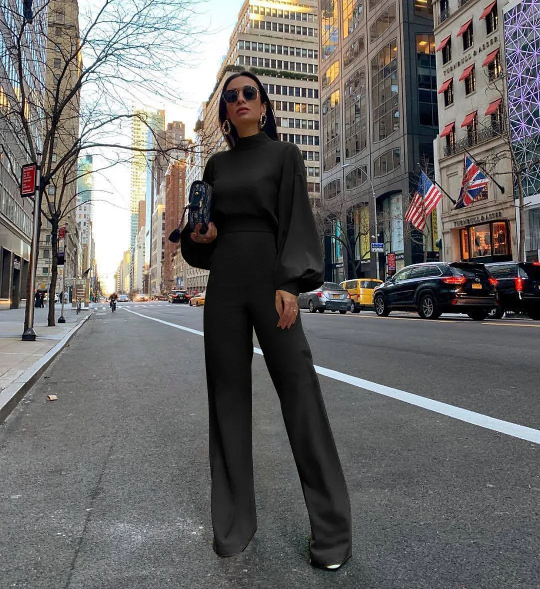 Half Turtleneck Lantern Sleeve Simple Capable Office Lady Jumpsuit