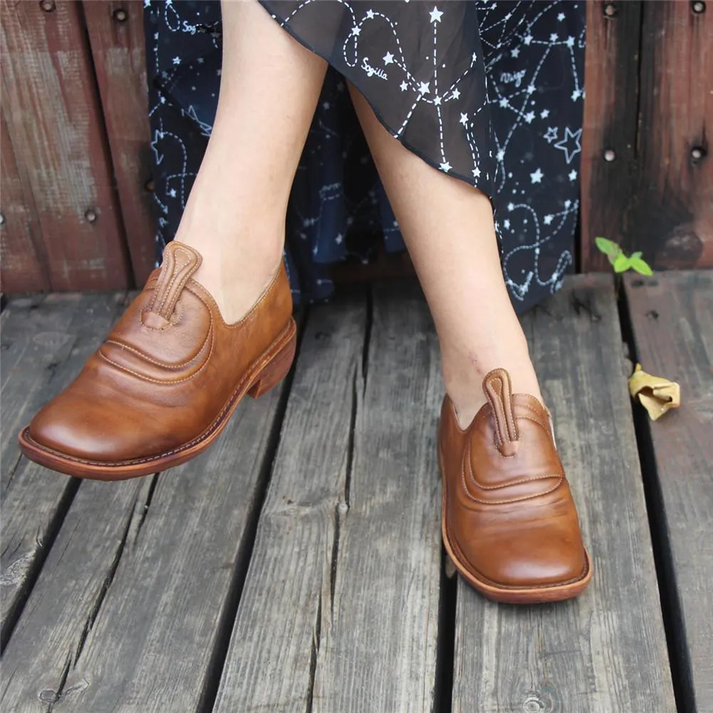 Handmade Brown Leather Shoes For Women Retro Loafers Work Shoes Slip On Shoes