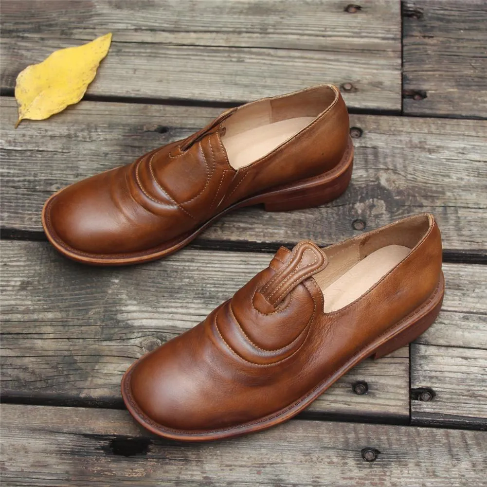 Handmade Brown Leather Shoes For Women Retro Loafers Work Shoes Slip On Shoes