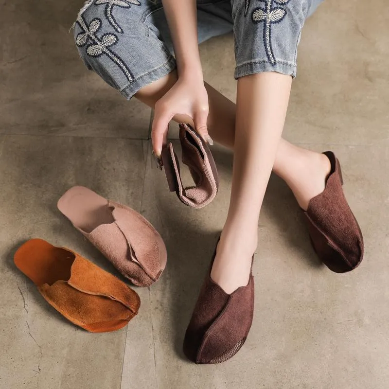 Handmade Hollow Out Retro Leather Mules Women Slippers Mori Girl Flat Casual Summer Slippers Coffee/Wine Red/Khaki