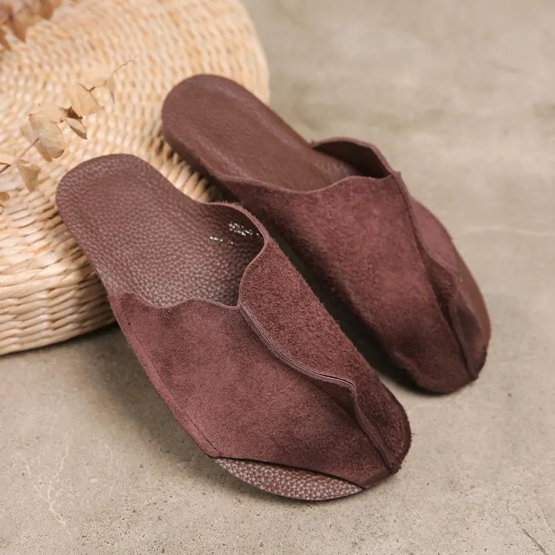 Handmade Hollow Out Retro Leather Mules Women Slippers Mori Girl Flat Casual Summer Slippers Coffee/Wine Red/Khaki