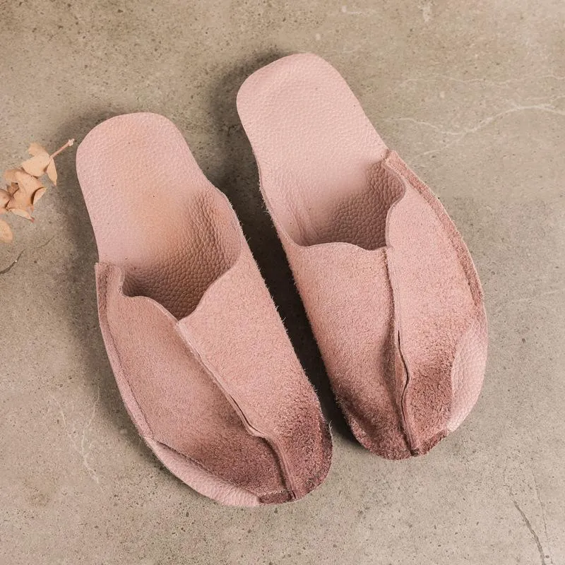 Handmade Hollow Out Retro Leather Mules Women Slippers Mori Girl Flat Casual Summer Slippers Coffee/Wine Red/Khaki