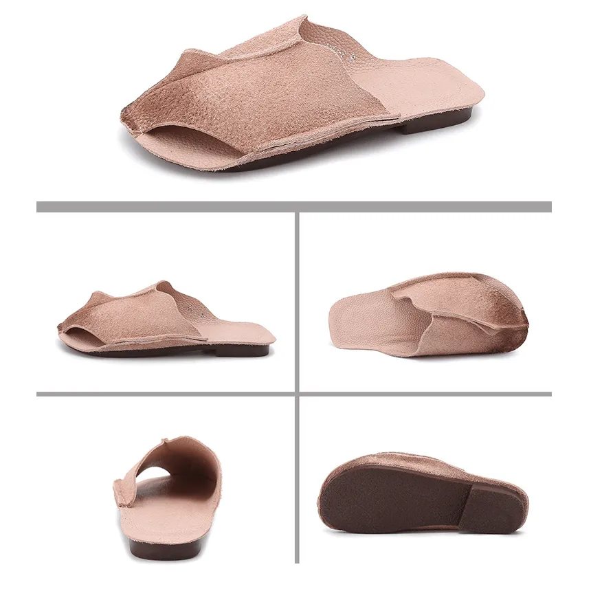 Handmade Hollow Out Retro Leather Mules Women Slippers Mori Girl Flat Casual Summer Slippers Coffee/Wine Red/Khaki