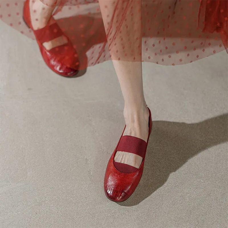 Handmade Leather Mary Jane Shoes Elastic Band Ballet Flats in Red/Black/Pink/Apricot